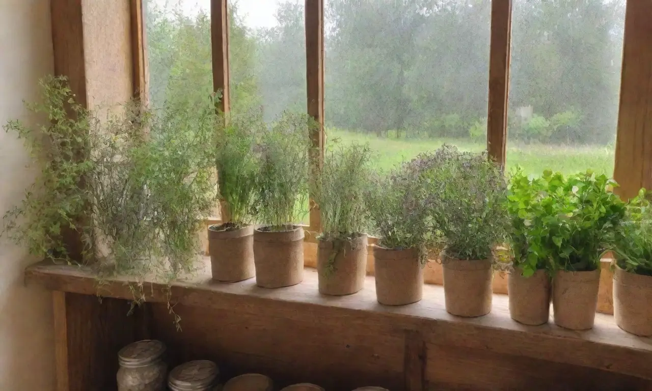 Un vibrante campo de hierbas verdes y flores, con un cálido ambiente de cocina lleno de aromas y colores naturales