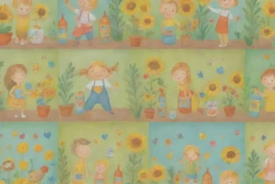 Un fondo alegre y colorido con ilustraciones juguetonas de botellas y naturaleza