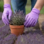 Persona manejando correctamente las plantas de lavanda mientras usa guantes y herramientas de forma segura.