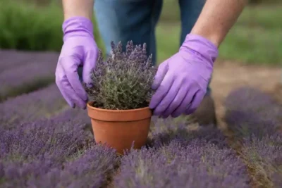 Persona manejando correctamente las plantas de lavanda mientras usa guantes y herramientas de forma segura.