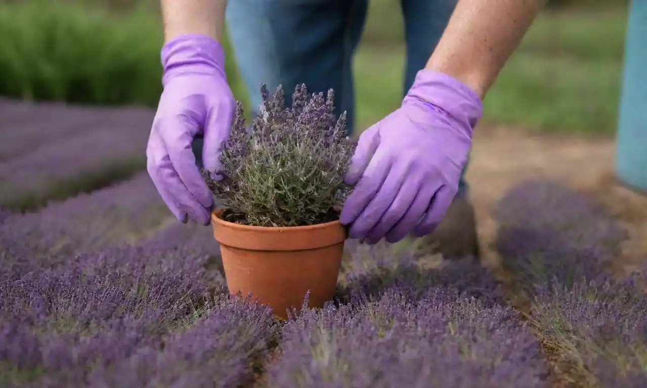 Persona manejando correctamente las plantas de lavanda mientras usa guantes y herramientas de forma segura.