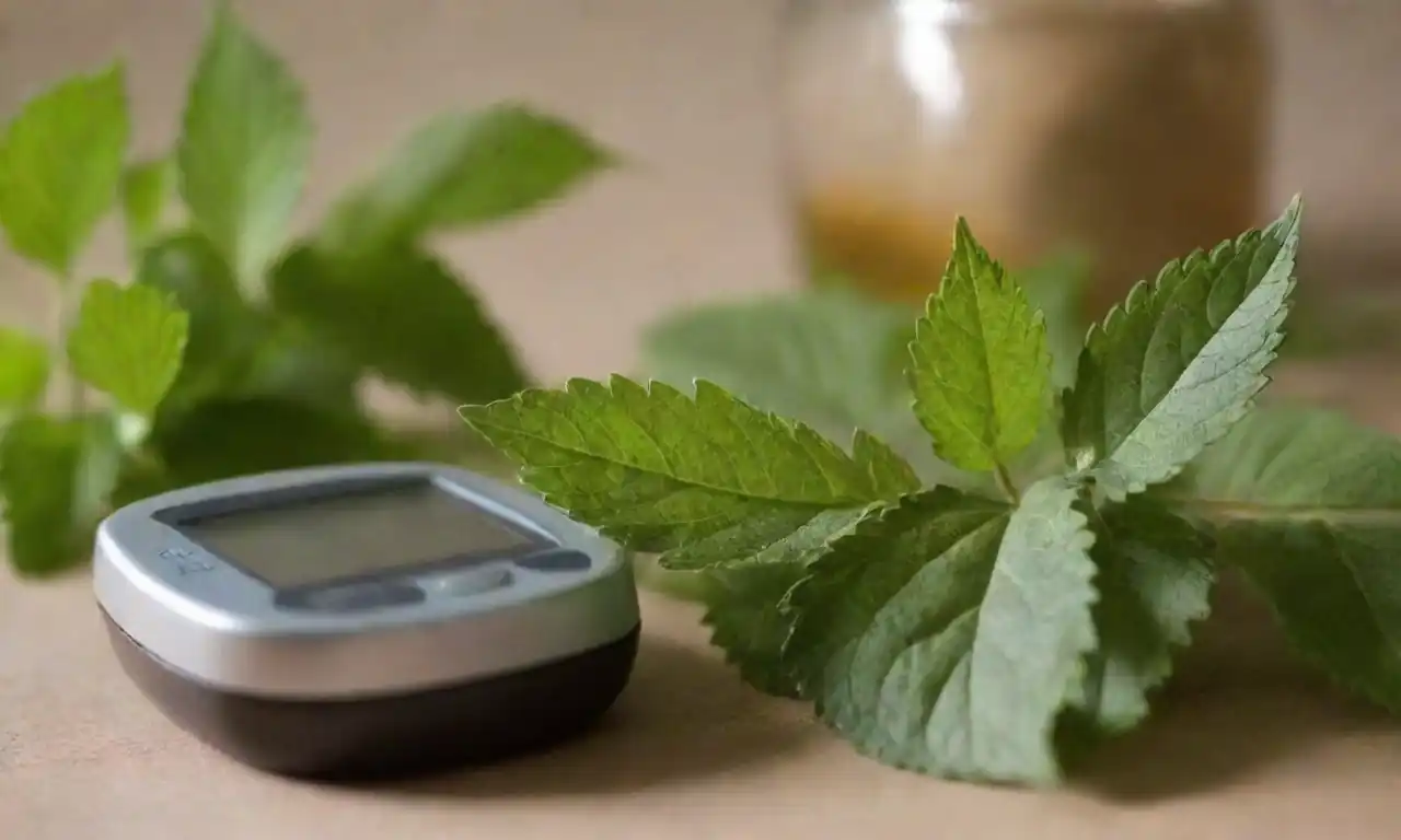 Un ramo de hojas de nettle mostrado junto con un medidor de glucosa y remedios herbarios.