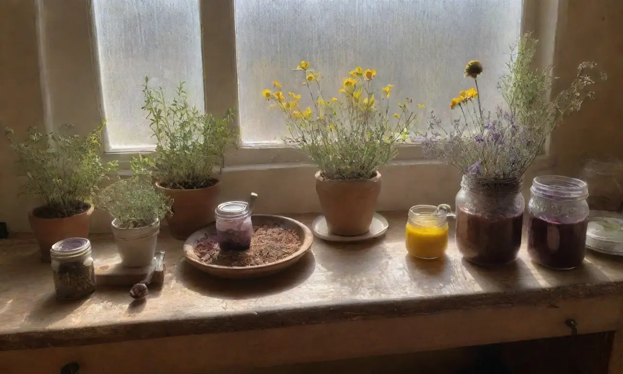 Un rincón acogedor de cocina rústica lleno de hojas secas, flores, té y notas, iluminado por la luz del sol
