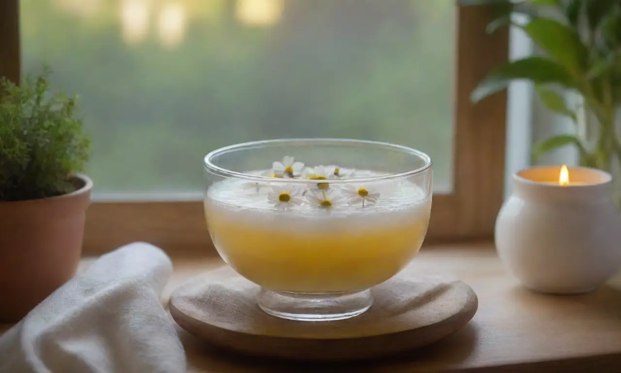Un ambiente sereno y acogedor con flores de manzanilla, té de hierbas y una suave iluminación