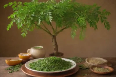 Un vibrante árbol de Moringa con sus hojas y vainas exhibidas junto a platos nutritivos e infografías.