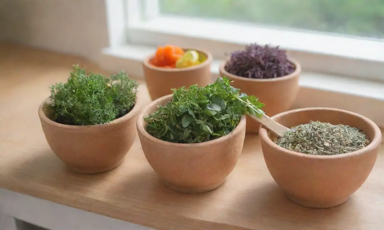Una cocina vibrante llena de hierbas frescas y utensilios coloridos