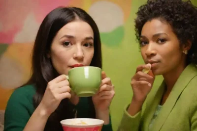 Un collage de iconos de la cultura pop tomando té verde en un escenario vibrante.