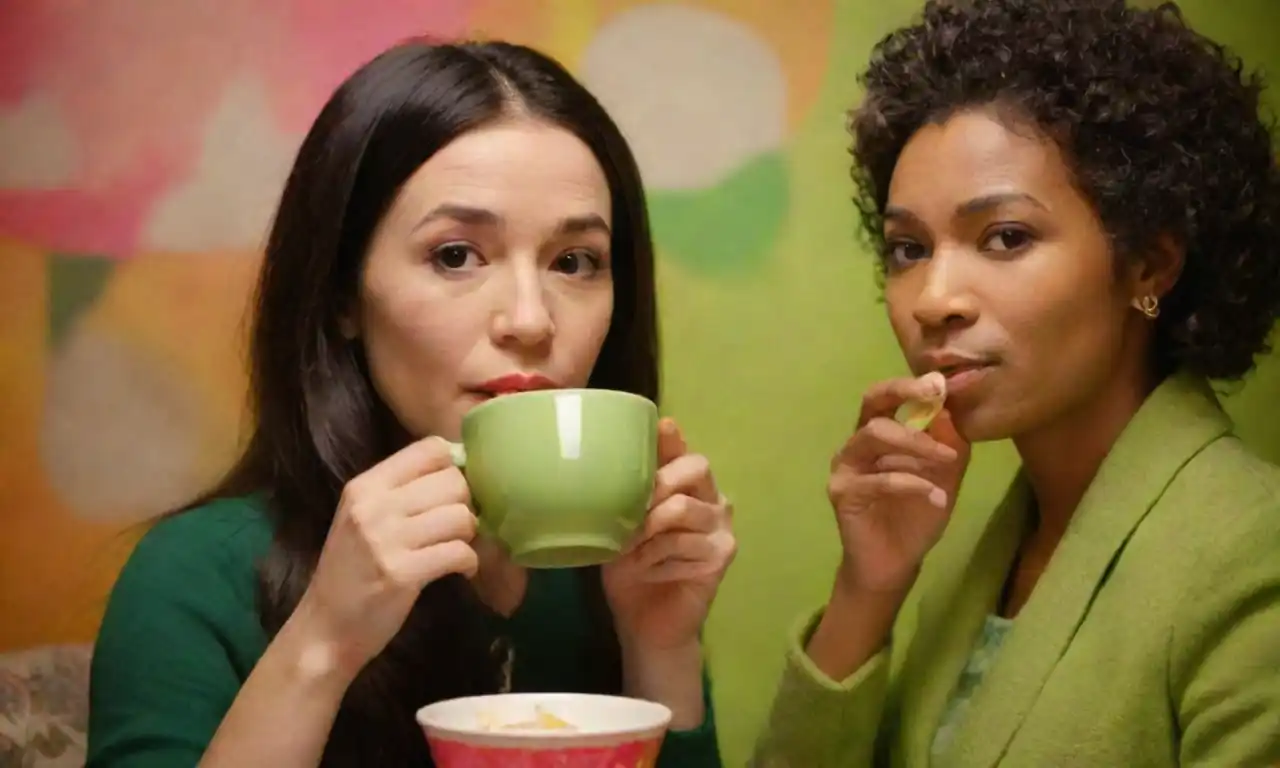 Un collage de iconos de la cultura pop tomando té verde en un escenario vibrante.