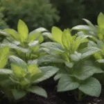 Plantas de menta que prosperan en una cama de jardín bien arreglada con indicadores de luz solar y humedad.