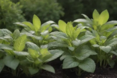 Plantas de menta que prosperan en una cama de jardín bien arreglada con indicadores de luz solar y humedad.