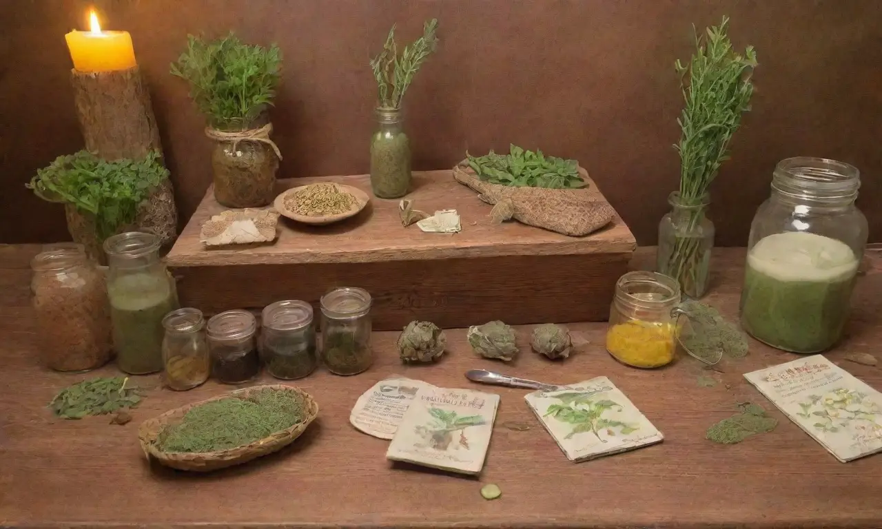 Un bosque verde con luz filtrándose, hierbas vibrantes, frascos de colores, un mortero, notas escritas, té de hierbas y flores secas