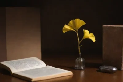 Un frasco de extracto de ginkgo junto a un estetoscopio y un libro de medicina.