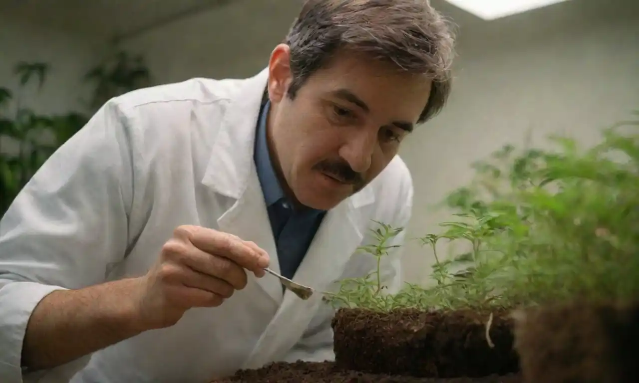 Un investigador que examina plantas Pimpinela con equipos de extracción y muestras.