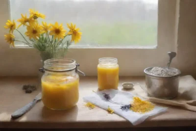 Una acogedora cocina rústica llena de ingredientes y utensilios para preparar remedios naturales