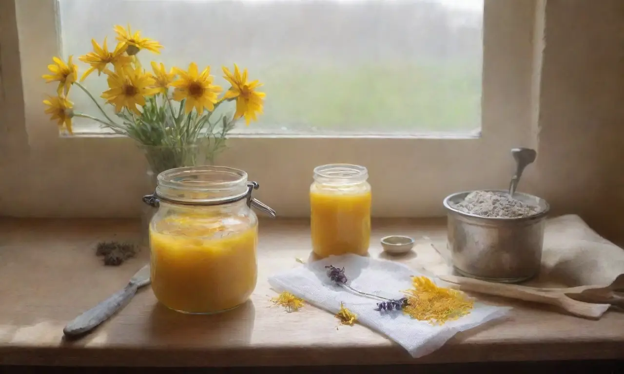 Una acogedora cocina rústica llena de ingredientes y utensilios para preparar remedios naturales
