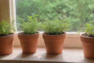 Un acogedor jardín interior con hierbas frescas y luz suave