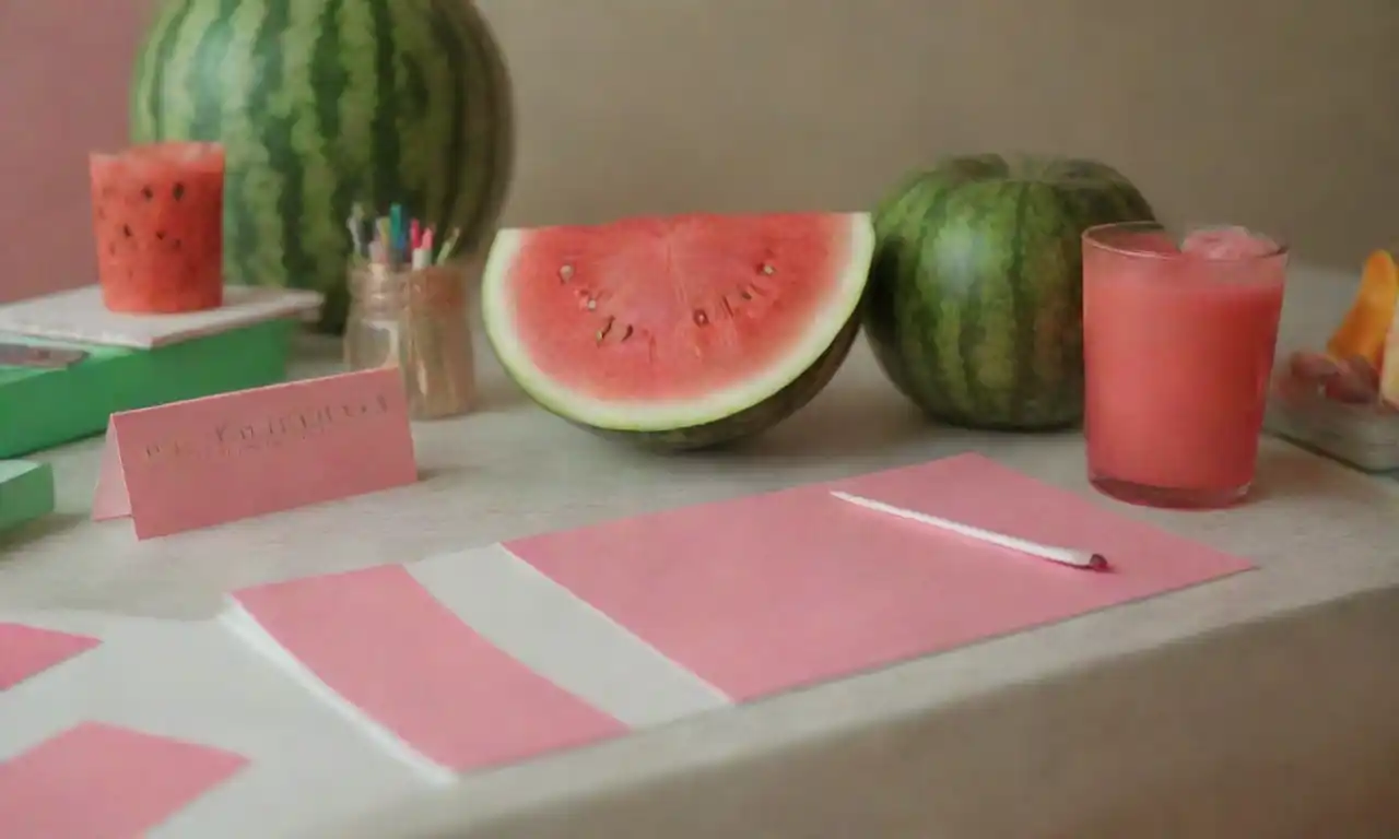 Un escritorio vibrante adornado con papelería y decoración temática sandía.