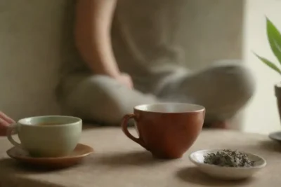 Un chorro de salvia junto a un té calmante y una persona relajada meditando.
