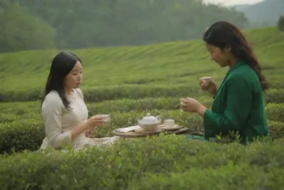 Tradición de té con gente que disfruta del té verde en una plantación de té exuberante.