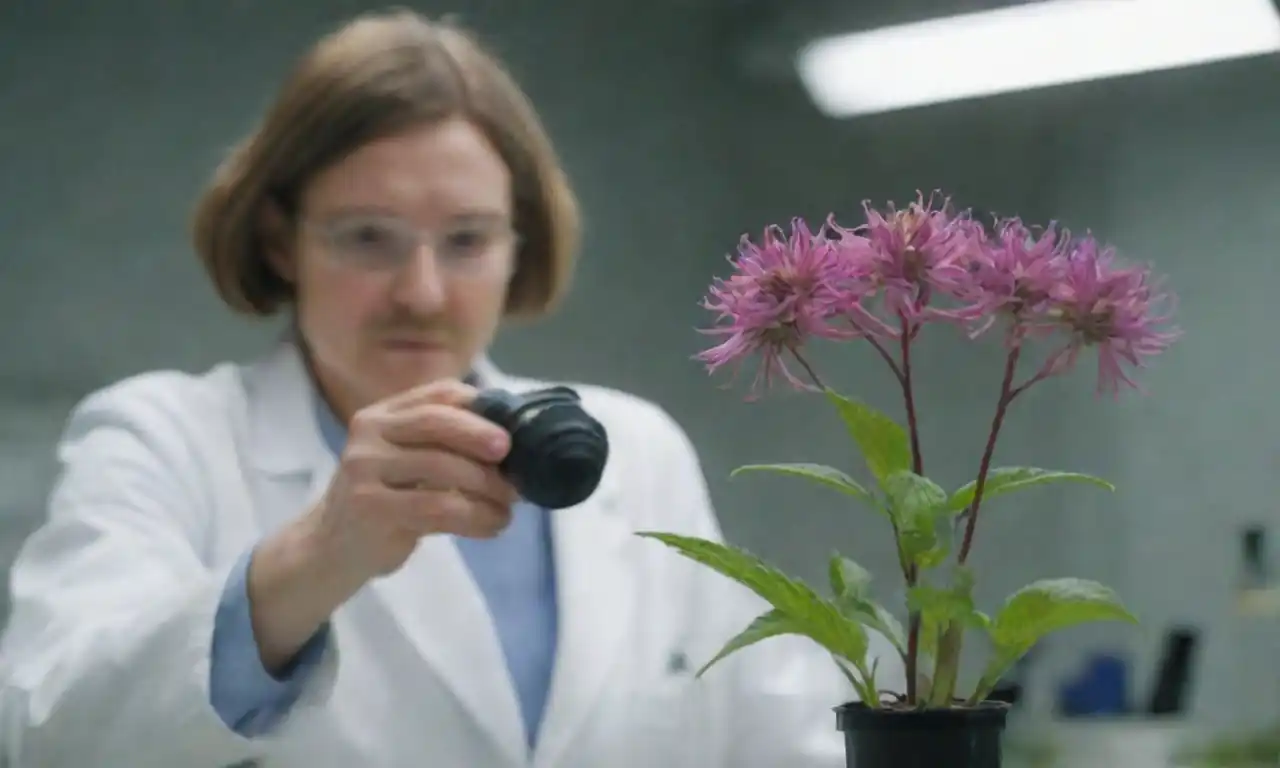 Planta Monarda con flores y persona que realiza investigación en un entorno de laboratorio.