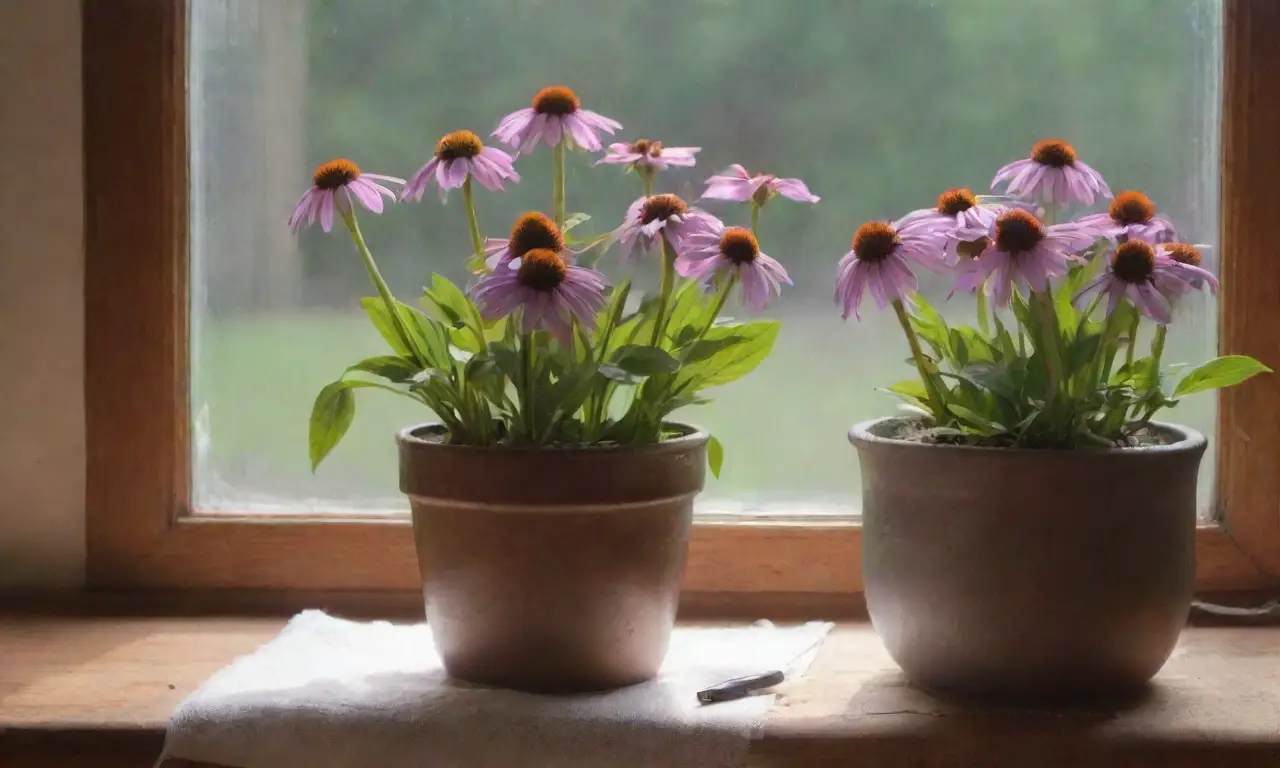 Un ambiente acogedor y tranquilo con flores de equinácea, té de hierbas y luz suave