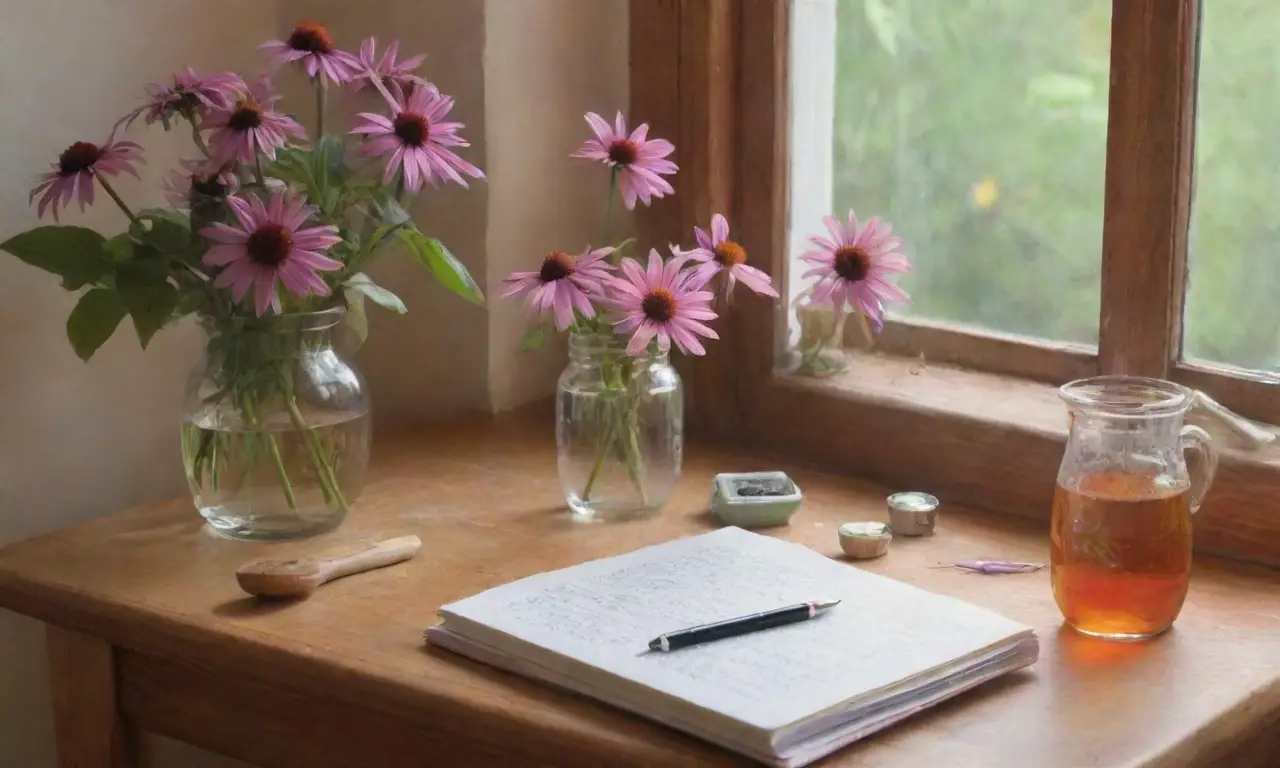 Flores de equinácea moradas rodeadas de naturaleza, luz suave y un ambiente acogedor que invita a la tranquilidad