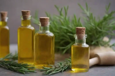 Botellas de aceite romero mostradas con hierbas y artículos domésticos para diversos usos.