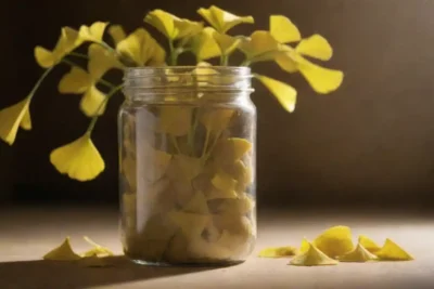 Un frasco de extracto de ginkgo con hojas de ginkgo frescas y una lista de beneficios para la salud al lado.