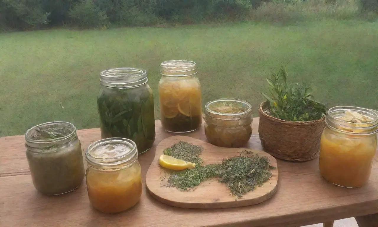 Un acogedor rincón de cocina con hojas verdes, frascos de jarabe dorado y especias