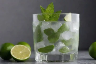 Hojas de menta frescas en un vaso de agua con hielo