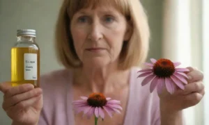 Senior person holding an echinacea flor with a supplement bottle nearby.