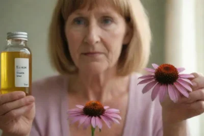Senior person holding an echinacea flor with a supplement bottle nearby.