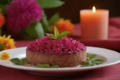 Presentación de postre artístico con platos vibrantes hechos con hojas frescas de monarda y flores.