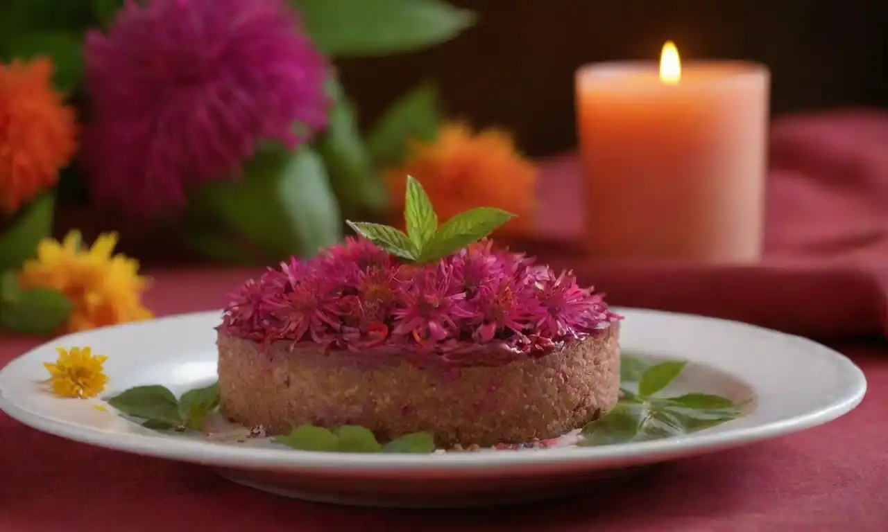 Presentación de postre artístico con platos vibrantes hechos con hojas frescas de monarda y flores.