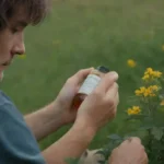 Una persona leyendo una botella de medicina mientras se sienta al lado de una planta de San Juan Wort.