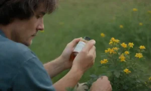 Una persona leyendo una botella de medicina mientras se sienta al lado de una planta de San Juan Wort.