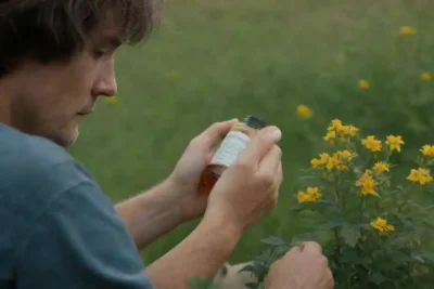 Una persona leyendo una botella de medicina mientras se sienta al lado de una planta de San Juan Wort.