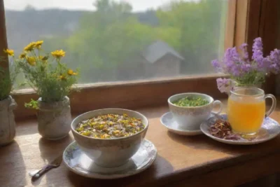 Una escena acogedora de té herbal con flores