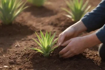 Un jardinero plantando aloe vera en suelo soleado durante la primavera.