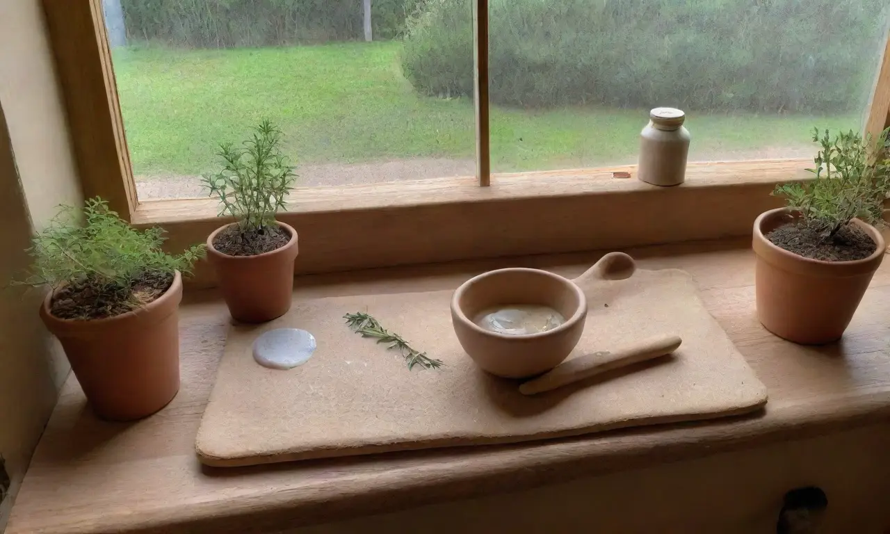 Una mesa rústica con utensilios y hierbas crea un ambiente acogedor para preparar un cataplasma curativo