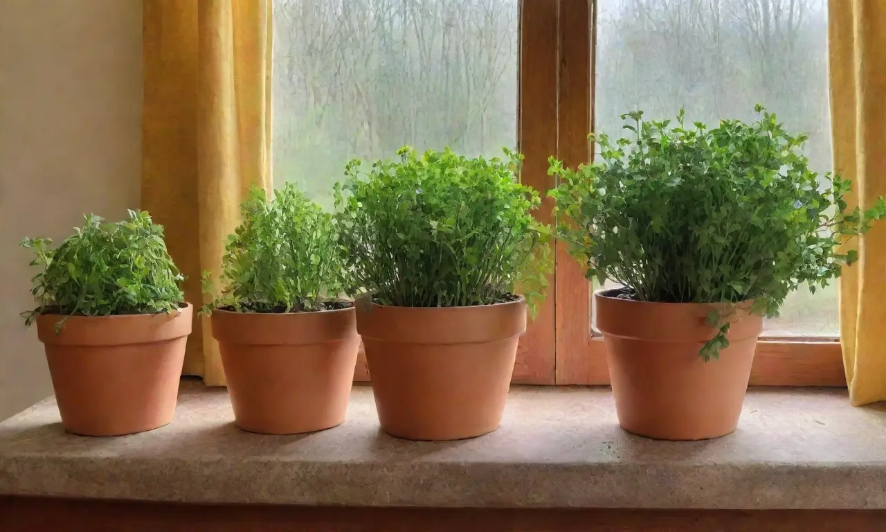 Un rincón acogedor de hierbas frescas y aromas en una cocina iluminada por el sol