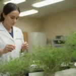 Científico examinando plantas Moringa en un laboratorio con documentos de investigación cercanos.
