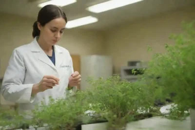Científico examinando plantas Moringa en un laboratorio con documentos de investigación cercanos.