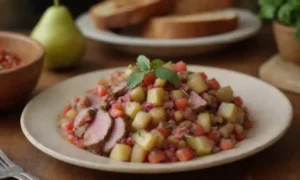 Un tazón vibrante de salsa de pera rematada con hierbas