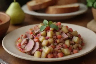 Un tazón vibrante de salsa de pera rematada con hierbas