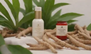 Plantas Ginseng junto con productos de cuidado de la piel