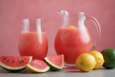Una jarra de vibrante limonada de sandía rodeada de sandía fresca y limones.