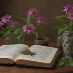 Plantas Monarda exhibidas junto con remedios herbarios tradicionales y textos históricos.