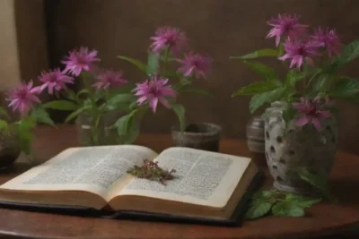 Plantas Monarda exhibidas junto con remedios herbarios tradicionales y textos históricos.