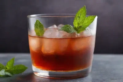 Té de monarda recién hecho servido en un vaso con hojas de menta y hielo.
